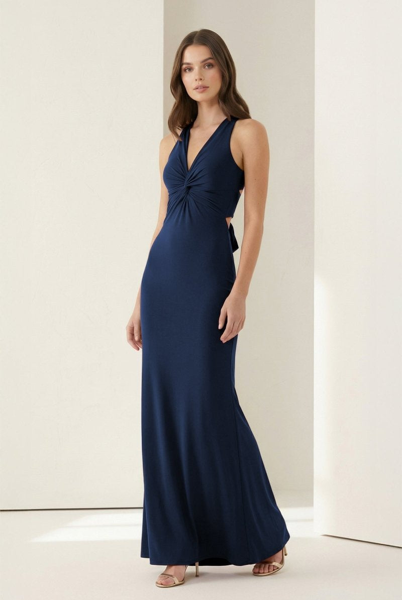 Reed | Pink - Halter Mermaid Pleated Open Back Long Prom Dresses - KissProm