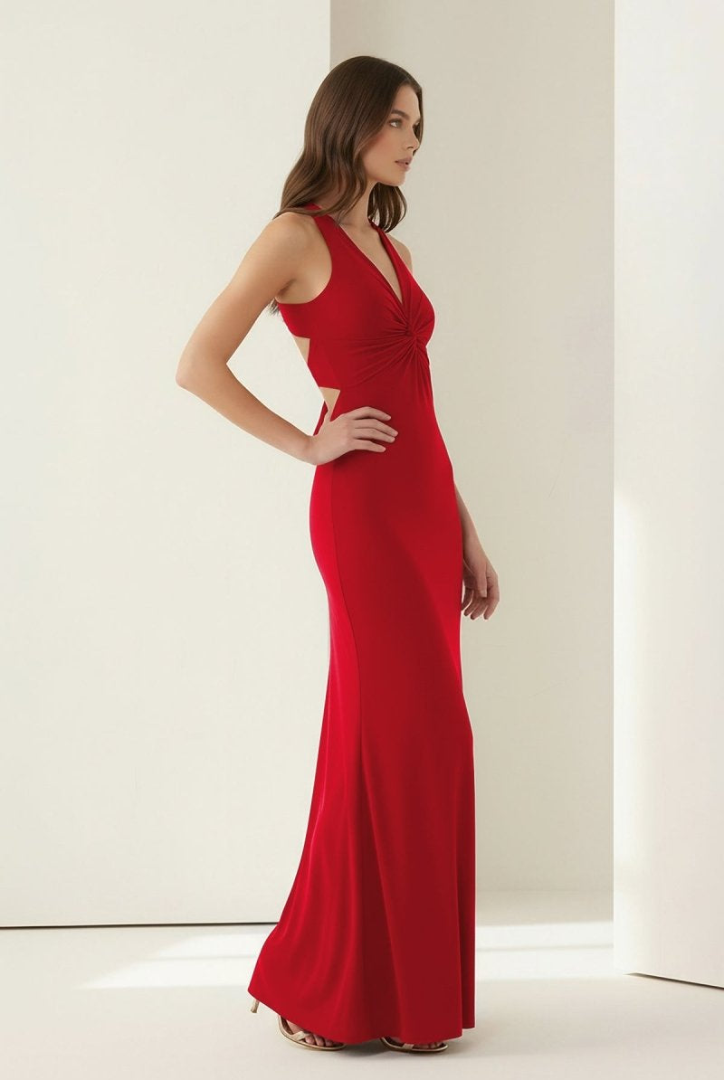 Reed | Pink - Halter Mermaid Pleated Open Back Long Prom Dresses - KissProm