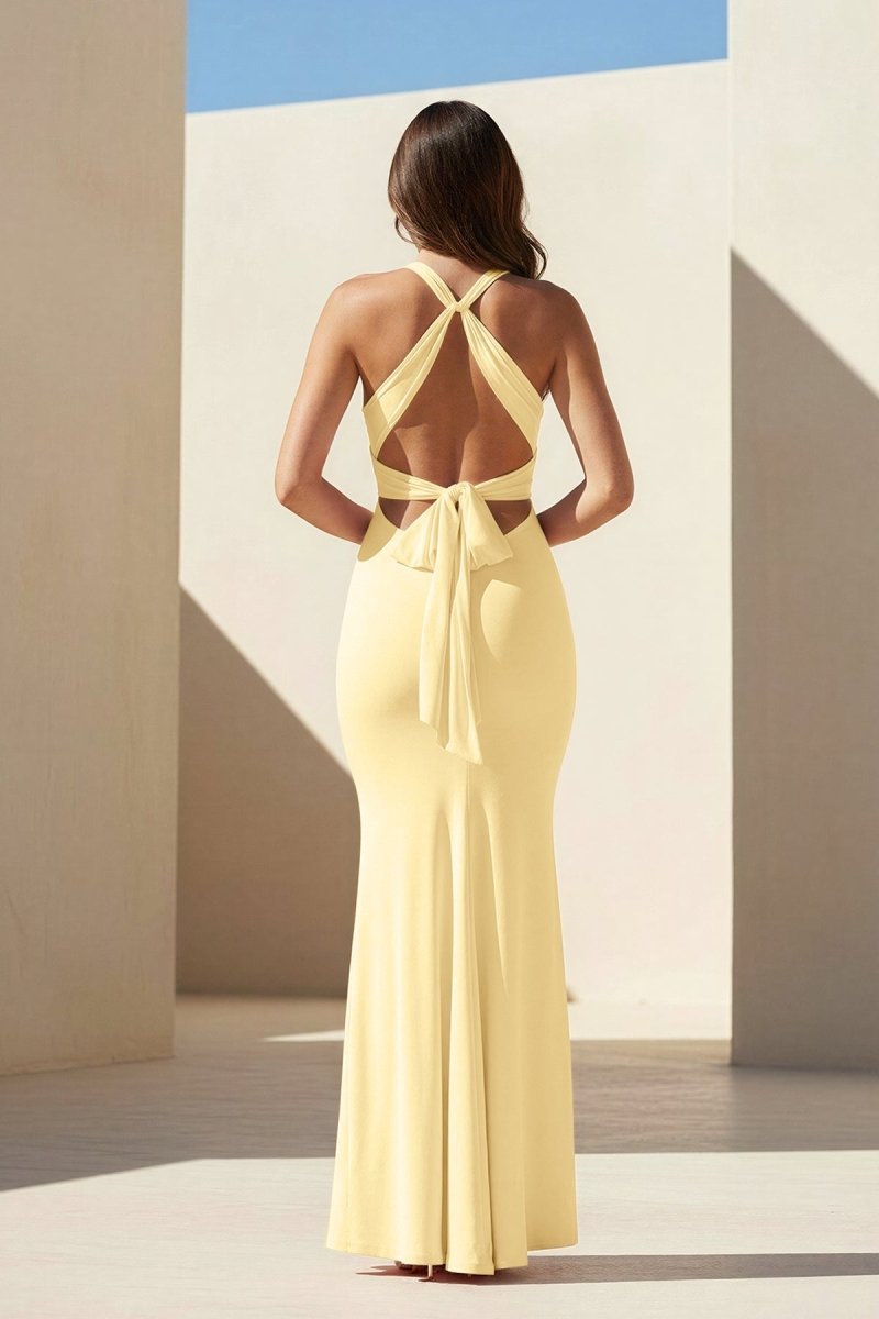 Reed | Pink - Halter Mermaid Pleated Open Back Long Prom Dresses - KissProm