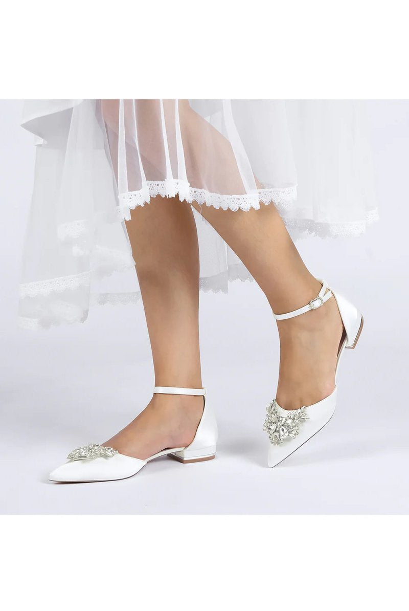 Rhinestone Pointed Toe Ankle Strap Kitten Heels - KissProm