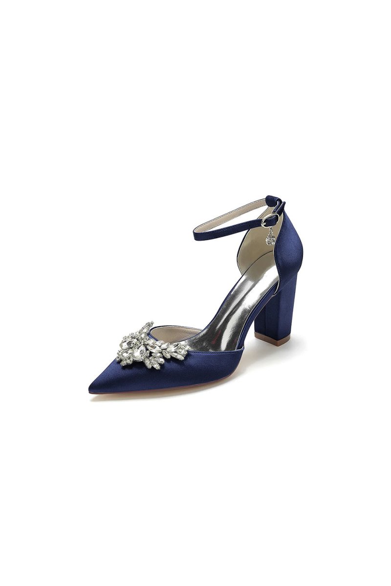 Rhinestone Pointed Toe Ankle Strap Satin Chunky Heel - KissProm
