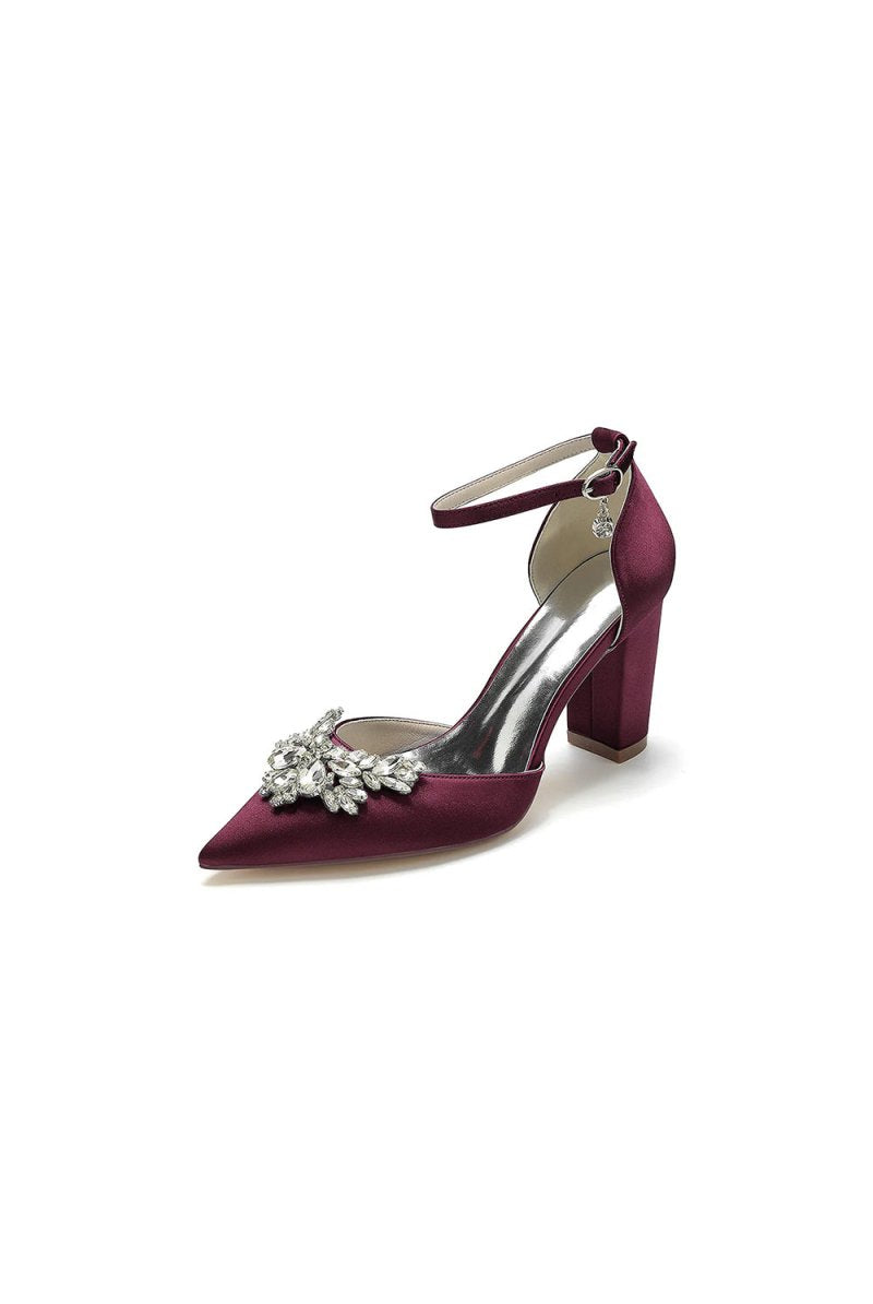 Rhinestone Pointed Toe Ankle Strap Satin Chunky Heel - KissProm