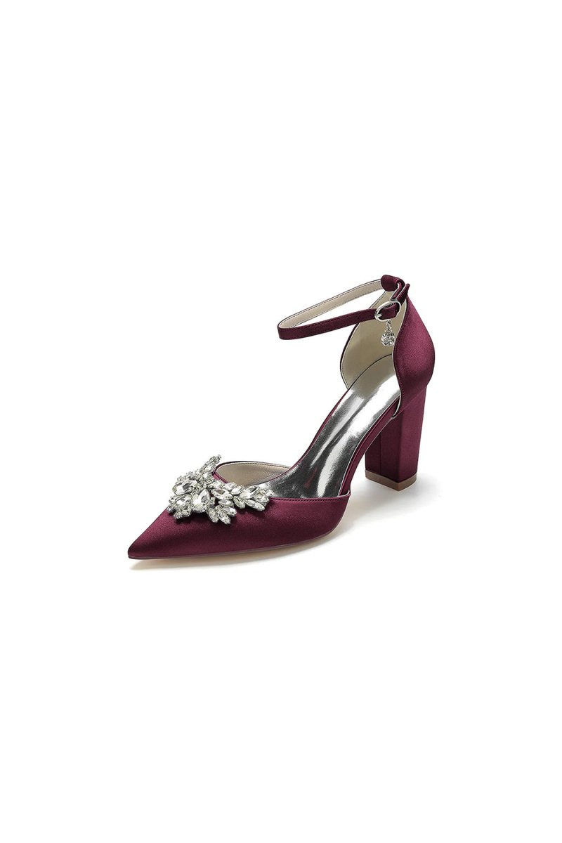 Rhinestone Pointed Toe Ankle Strap Satin Chunky Heel - KissProm