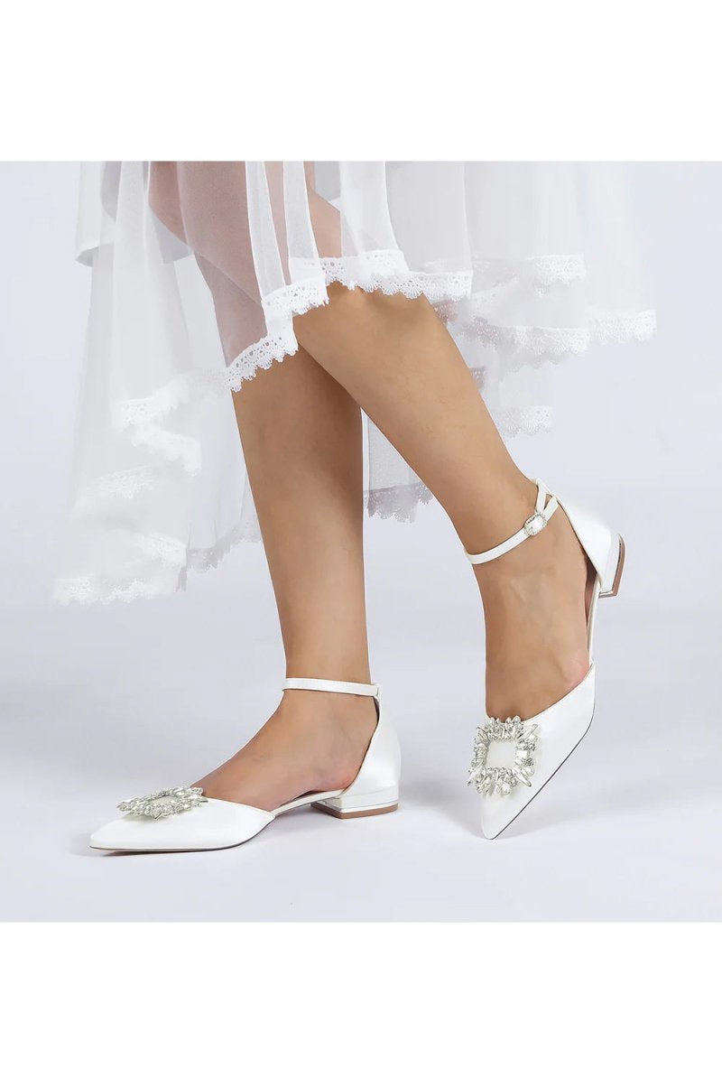 Rhinestone Pointed Toe Ankle Strap Satin Kitten Heels - KissProm