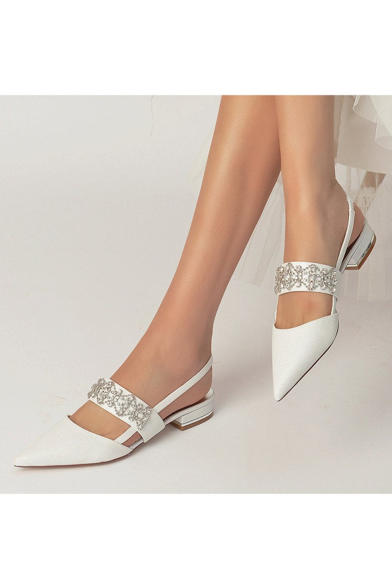 Rhinestone Pointed Toe Strap Buckle Glitter Low Heels - KissProm
