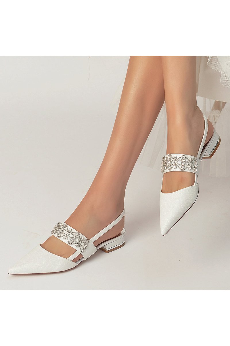 Rhinestone Pointed Toe Strap Buckle Glitter Low Heels - KissProm