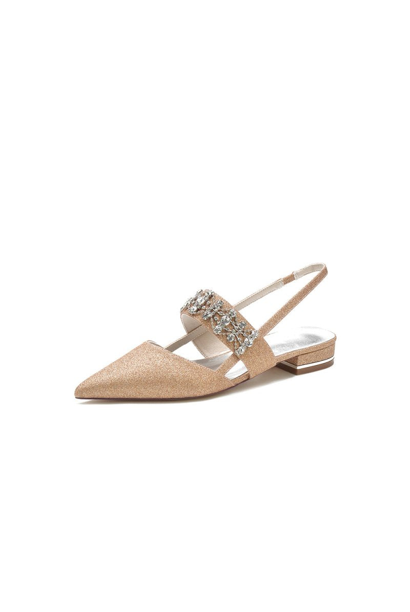 Rhinestone Pointed Toe Strap Buckle Glitter Low Heels - KissProm