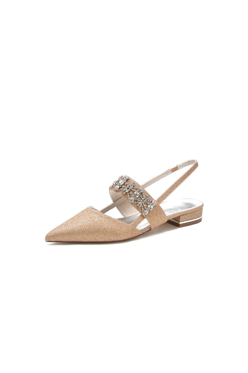 Rhinestone Pointed Toe Strap Buckle Glitter Low Heels - KissProm