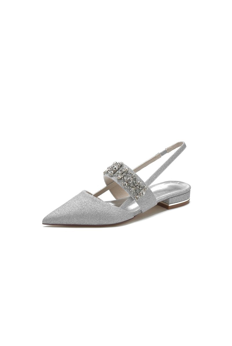 Rhinestone Pointed Toe Strap Buckle Glitter Low Heels - KissProm