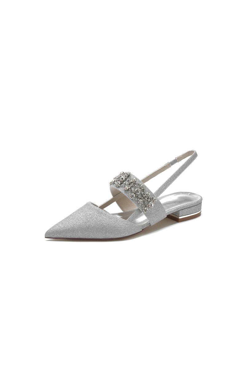 Rhinestone Pointed Toe Strap Buckle Glitter Low Heels - KissProm