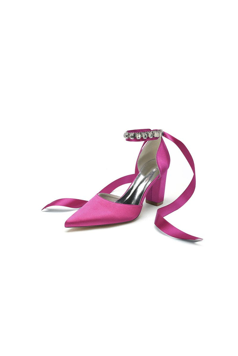 Rhinestone Ribbon Pointed Toe Ankle Strap Chunky Heel - KissProm