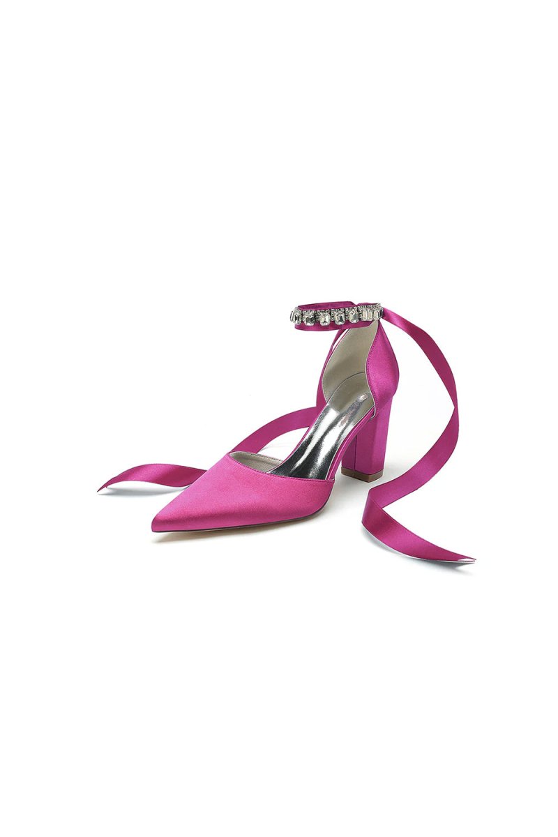 Rhinestone Ribbon Pointed Toe Ankle Strap Chunky Heel - KissProm