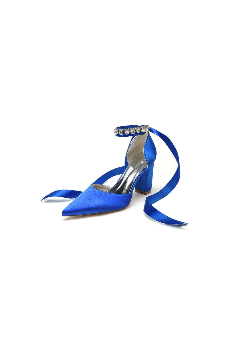 Rhinestone Ribbon Pointed Toe Ankle Strap Chunky Heel - KissProm