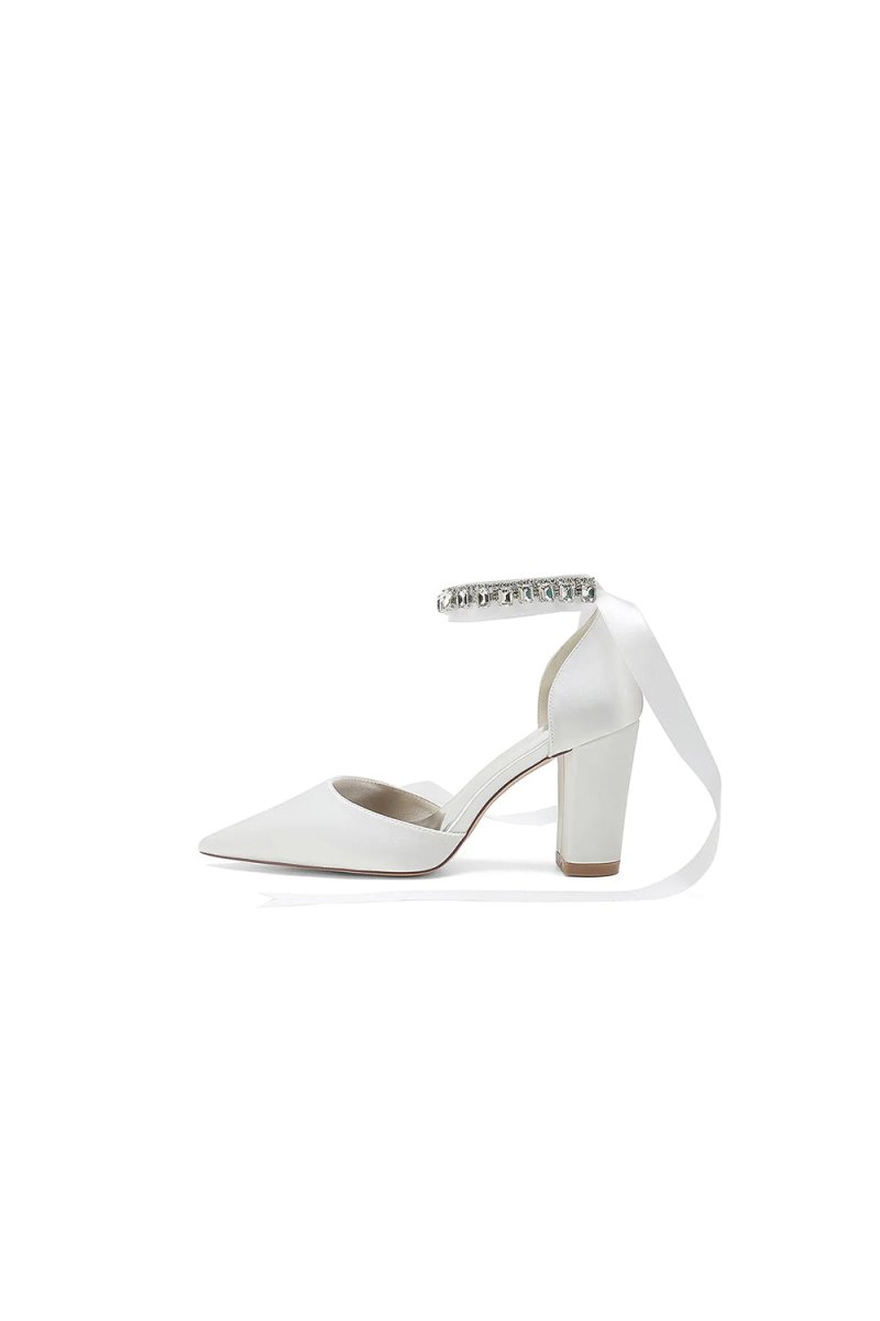 Rhinestone Ribbon Pointed Toe Ankle Strap Chunky Heel - KissProm