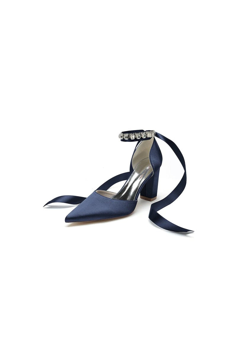 Rhinestone Ribbon Pointed Toe Ankle Strap Chunky Heel - KissProm