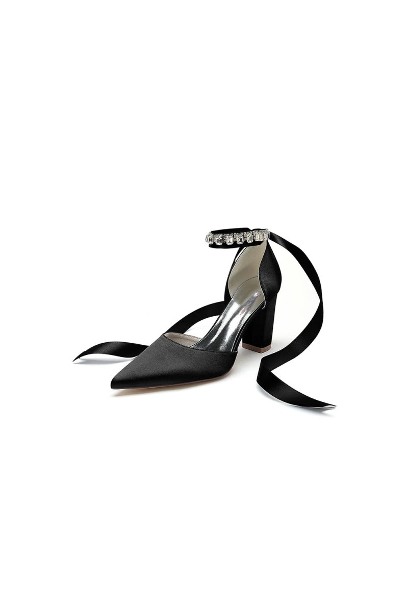 Rhinestone Ribbon Pointed Toe Ankle Strap Chunky Heel - KissProm