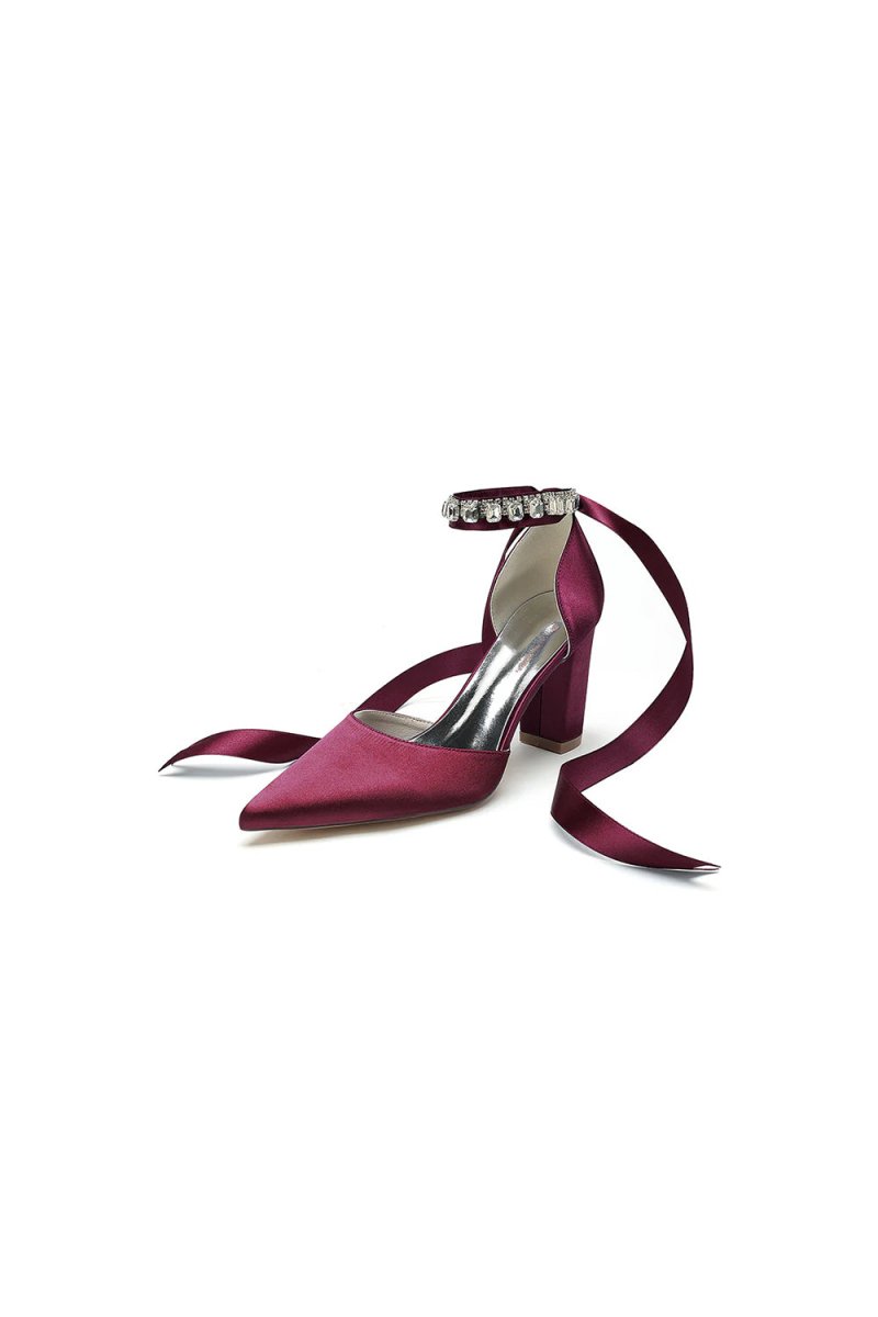 Rhinestone Ribbon Pointed Toe Ankle Strap Chunky Heel - KissProm