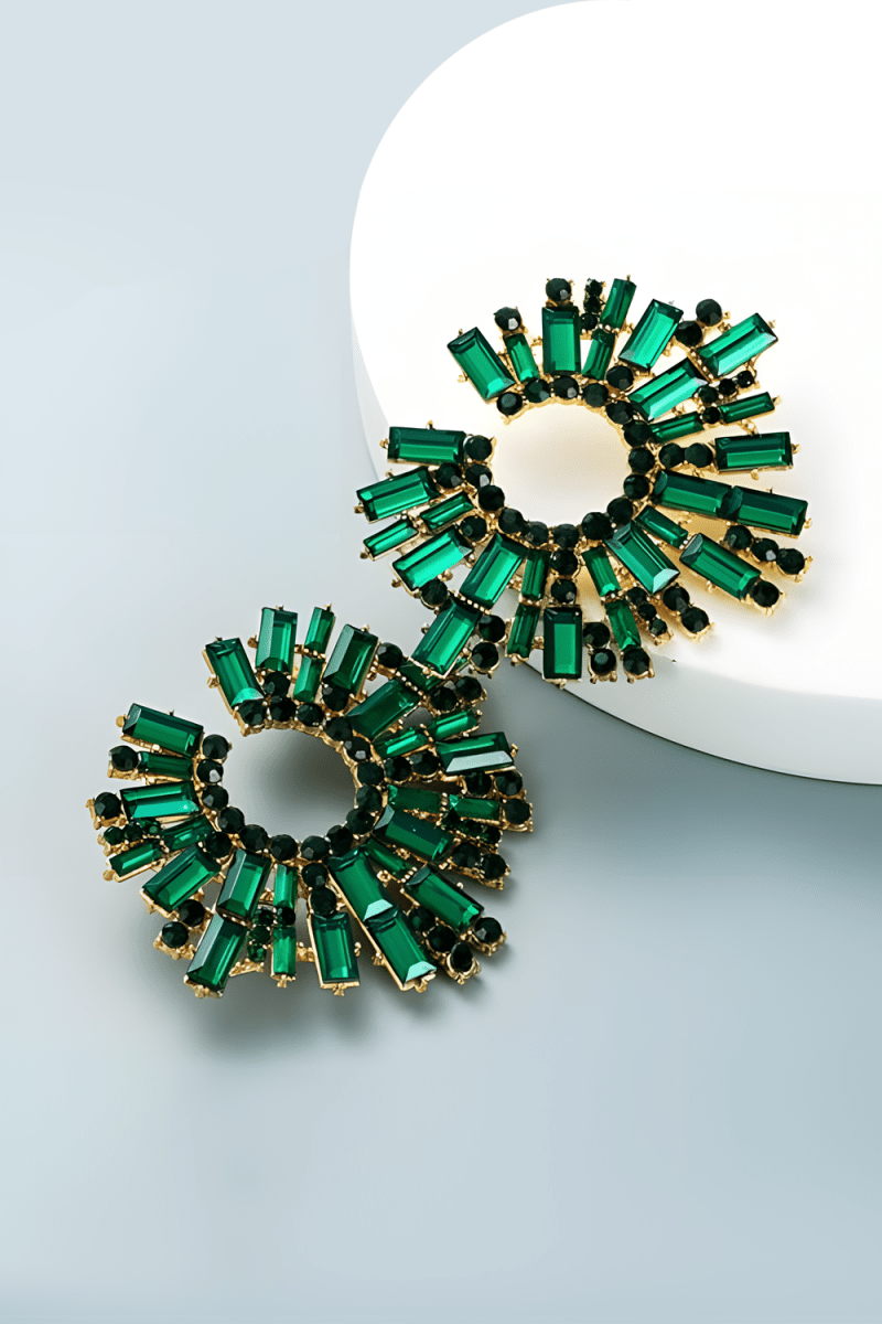 Green Rhinestone Round Shape Earrings
