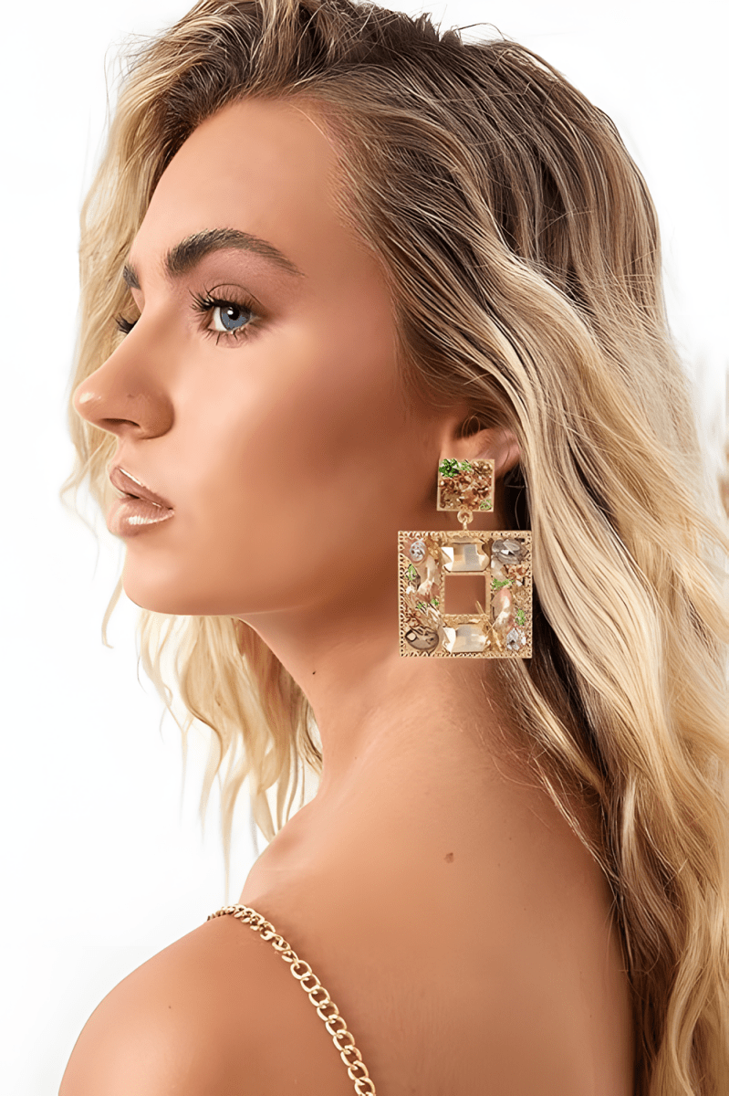 Rhinestone Square Statement Dangle Earrings - KissProm
