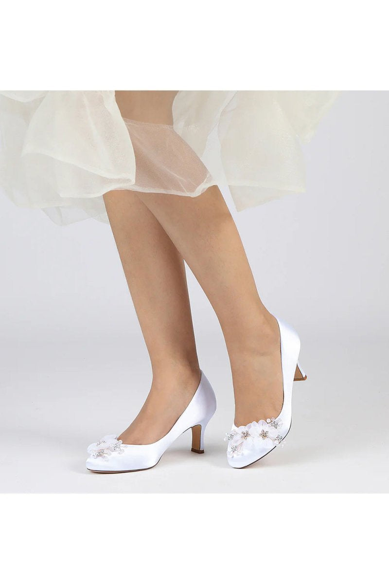 Rhinestone White Chunky Heels with Flower - KissProm