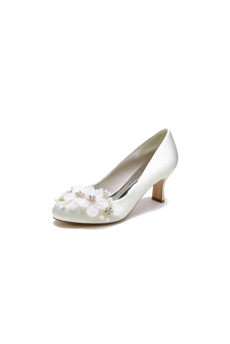 Rhinestone White Chunky Heels with Flower - KissProm