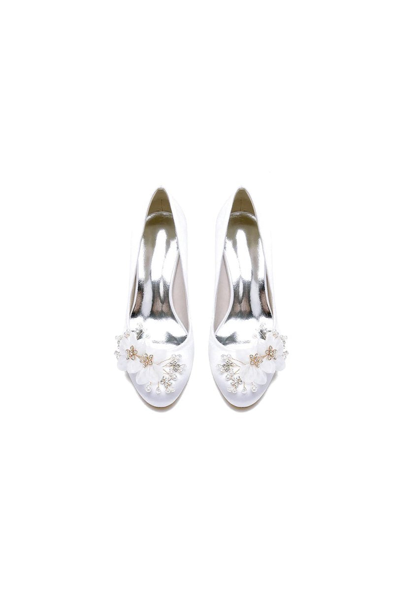 Rhinestone White Chunky Heels with Flower - KissProm