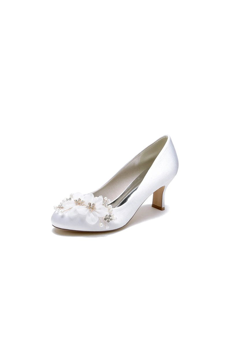 Rhinestone White Chunky Heels with Flower - KissProm