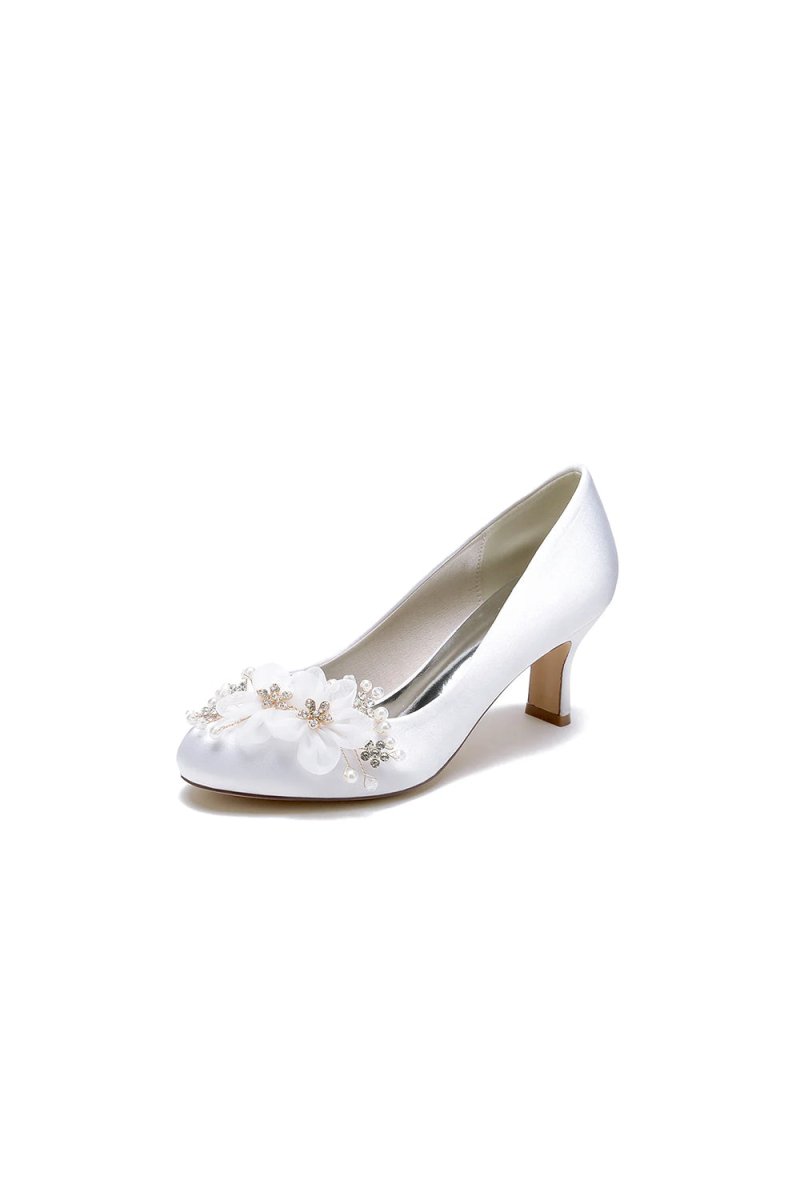 Rhinestone White Chunky Heels with Flower - KissProm