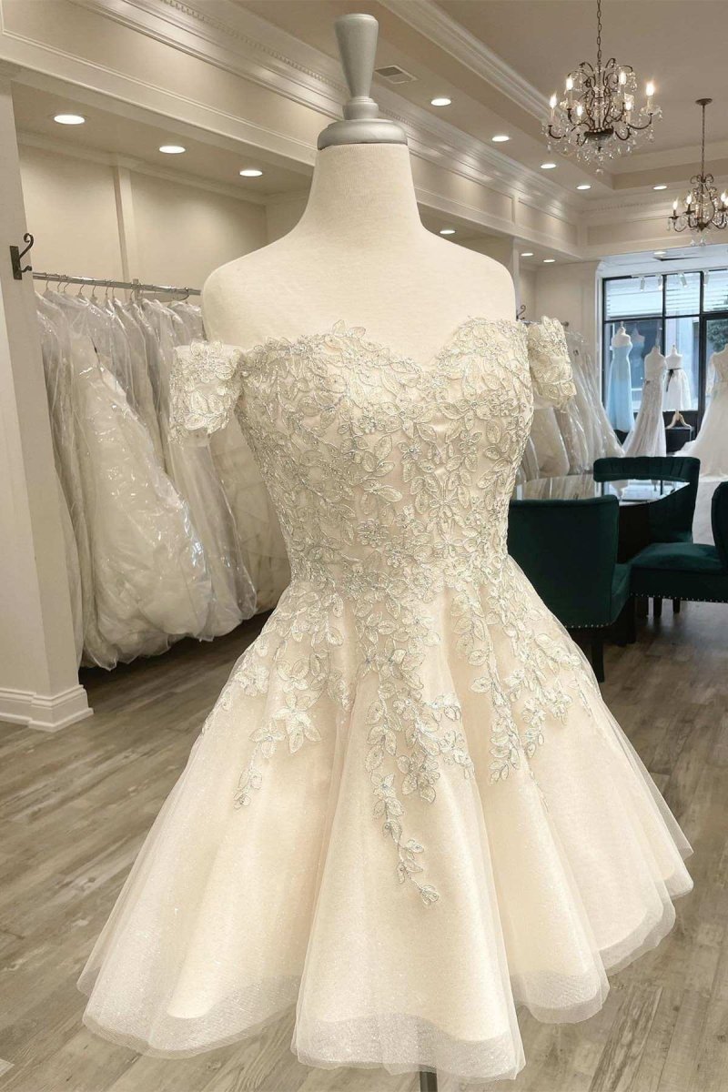 Cute A-Line V Neck White Short Wedding Dresses with Appliques VK26020505