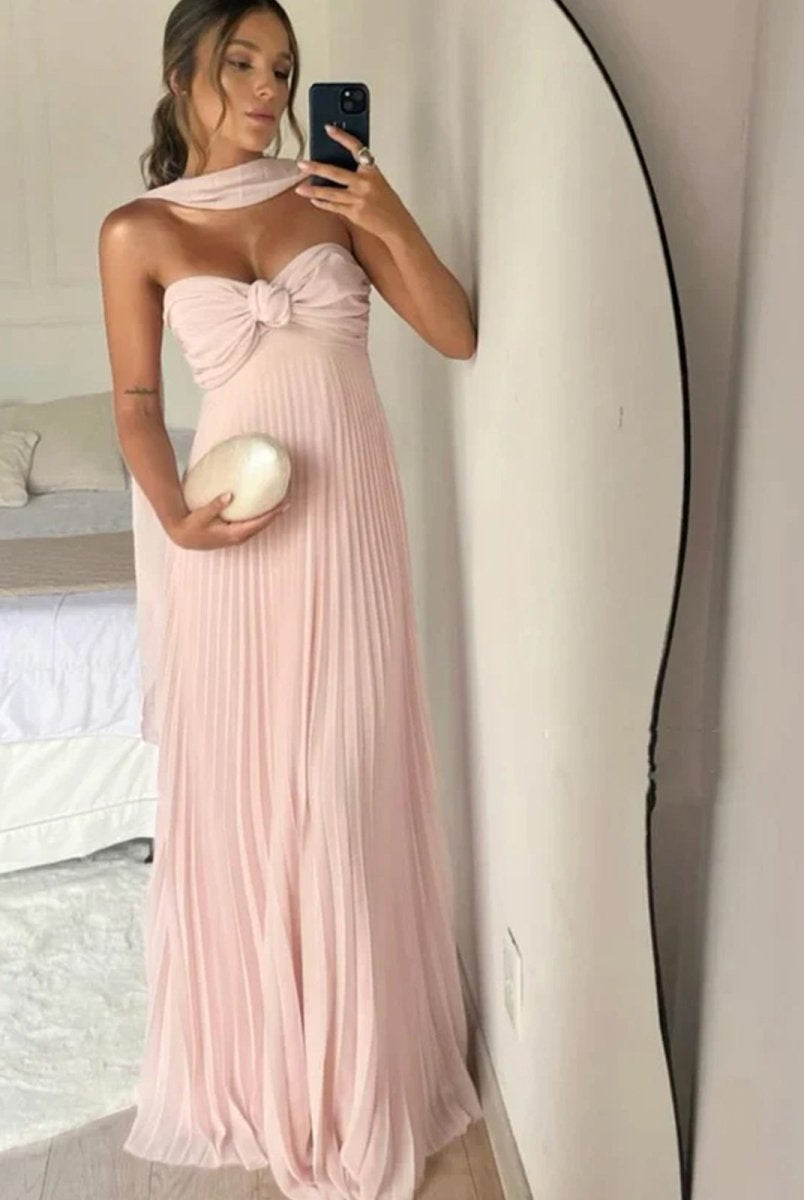 Rodri | A Line Light Pink Strapless Chiffon Long Prom Dress