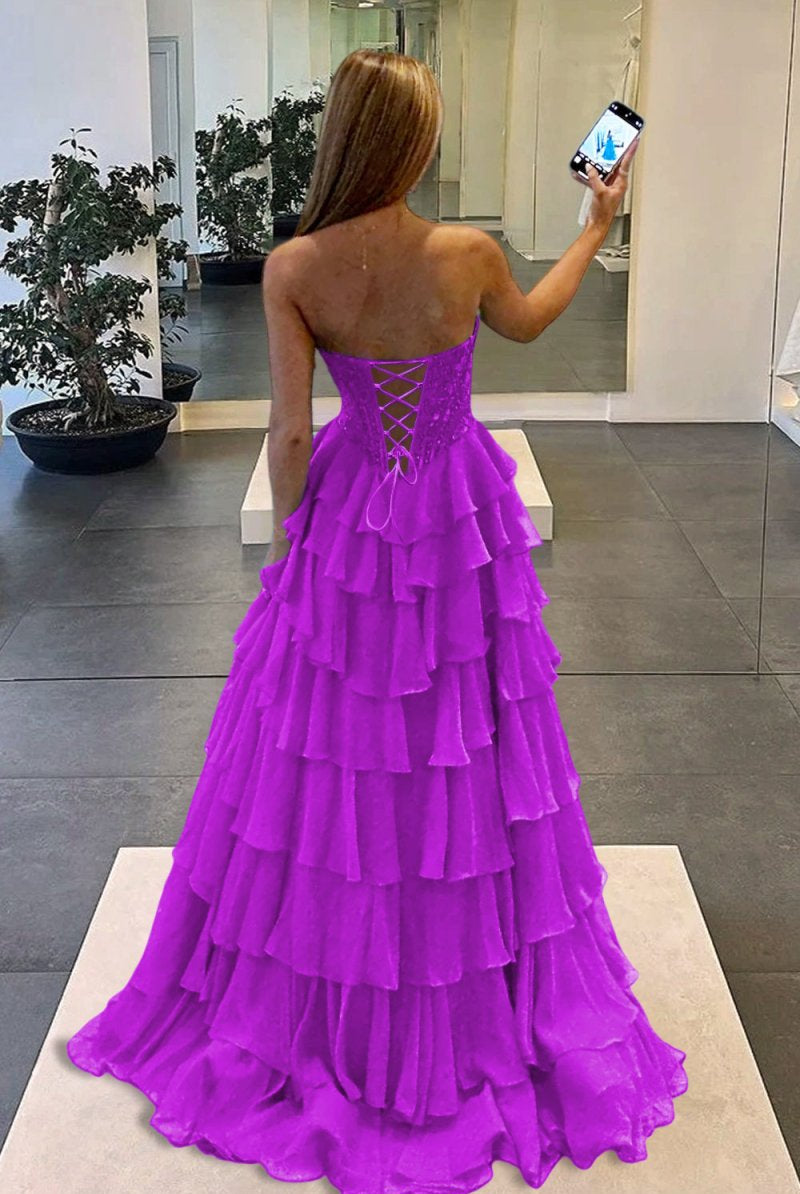 Roig | Magenta - Strapless A Line Chiffon Ruffled Prom Dresses With Appliques - KissProm