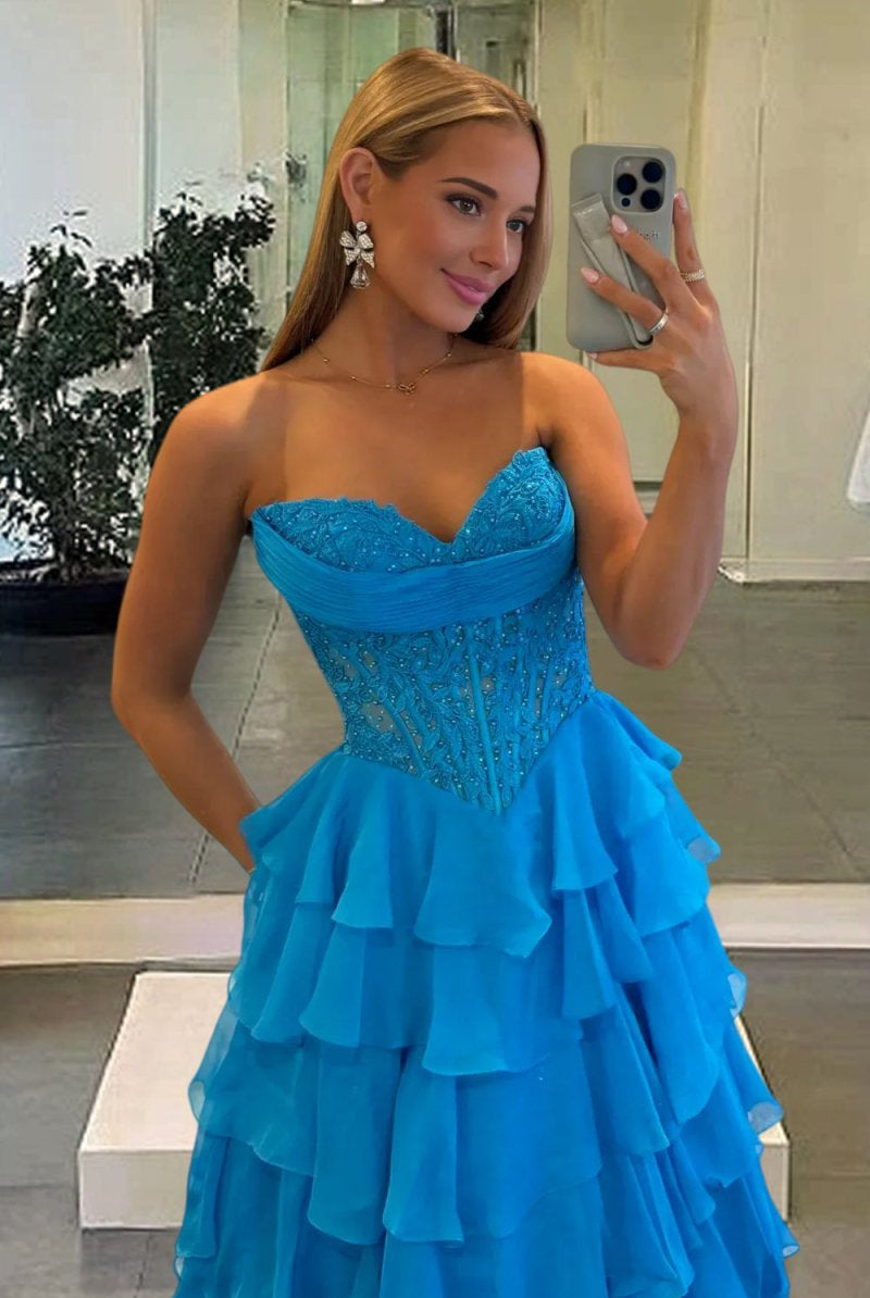 KissProm-Roig Azure Strapless A Line Chiffon Ruffled Prom Dresses With Appliques