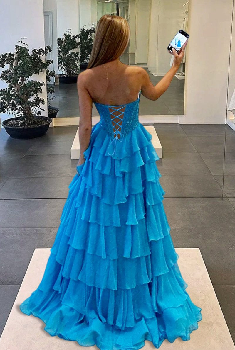 KissProm-Roig Azure Strapless A Line Chiffon Ruffled Prom Dresses With Appliques