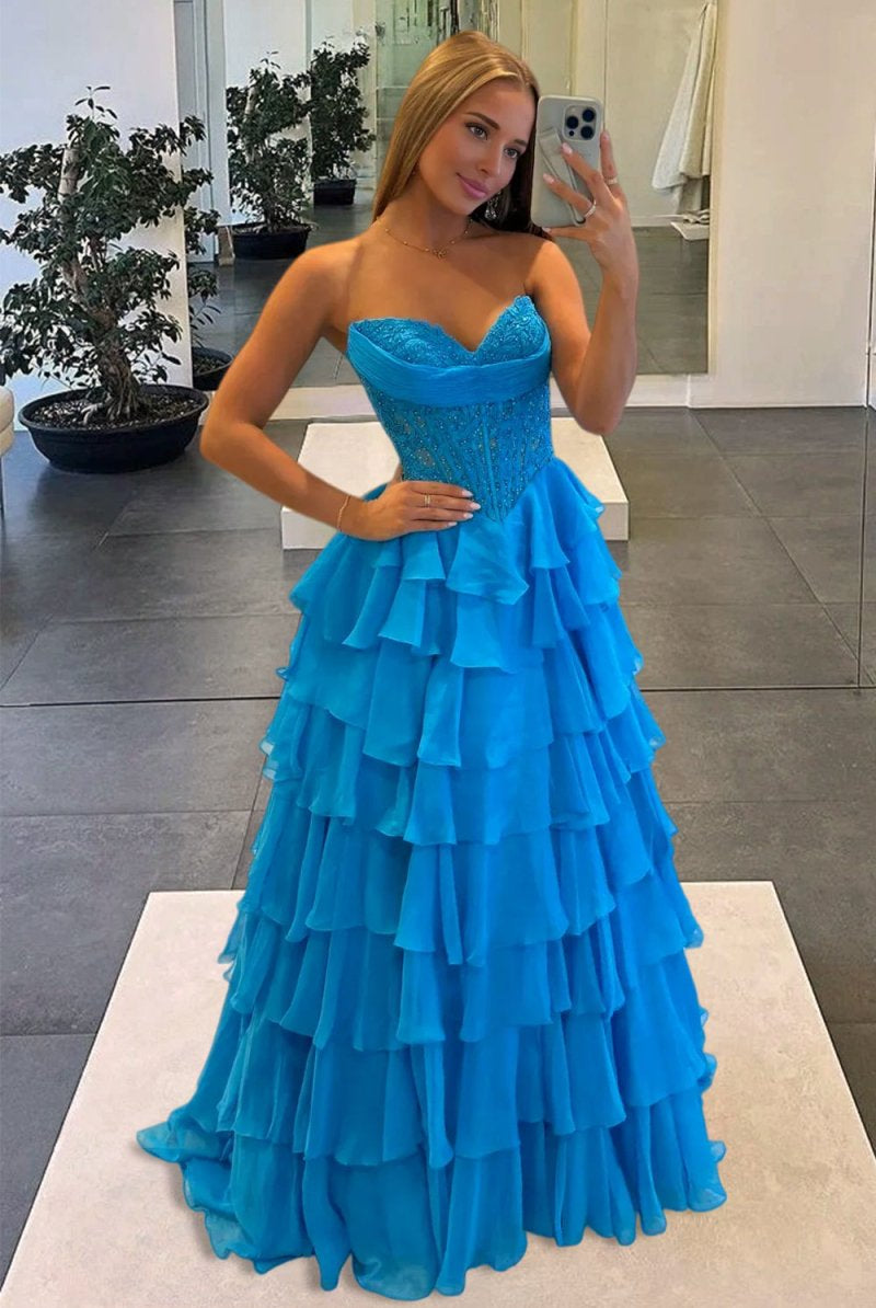 KissProm-Roig Azure Strapless A Line Chiffon Ruffled Prom Dresses With Appliques
