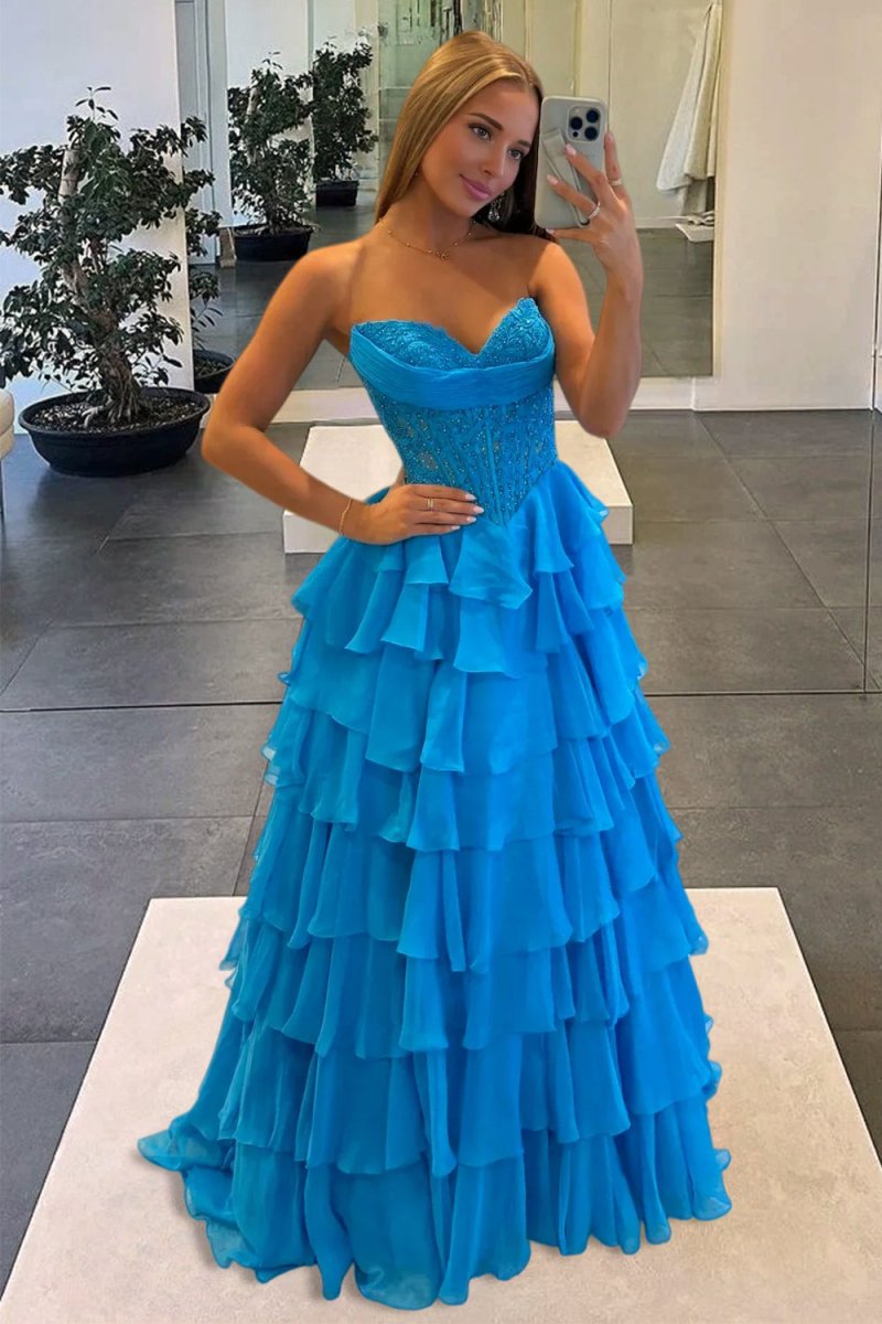 KissProm-Roig Azure Strapless A Line Chiffon Ruffled Prom Dresses With Appliques