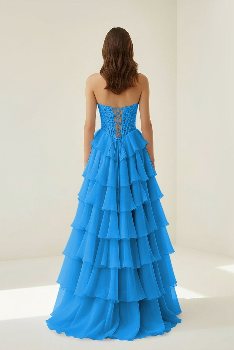 Roig | Azure - Strapless A Line Chiffon Ruffled Prom Dresses With Appliques - KissProm