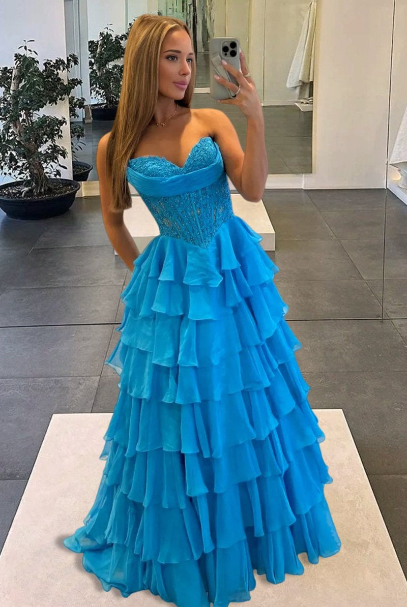 KissProm-Roig Azure Strapless A Line Chiffon Ruffled Prom Dresses With Appliques