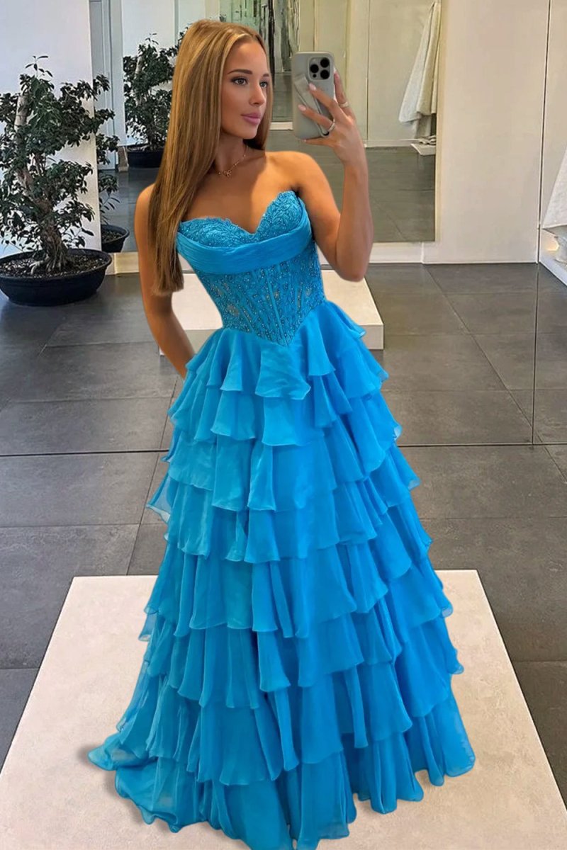 KissProm-Roig Azure Strapless A Line Chiffon Ruffled Prom Dresses With Appliques