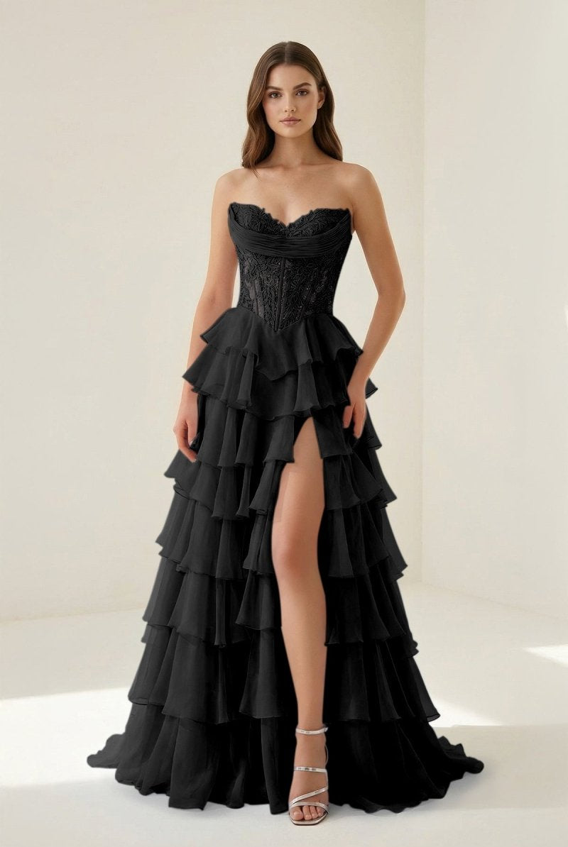 Roig | Black - Strapless A Line Chiffon Ruffled Prom Dresses With Appliques - KissProm