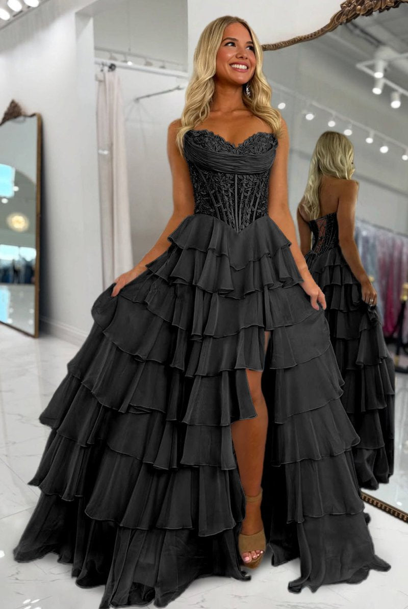 Roig | Black - Strapless A Line Chiffon Ruffled Prom Dresses With Appliques - KissProm