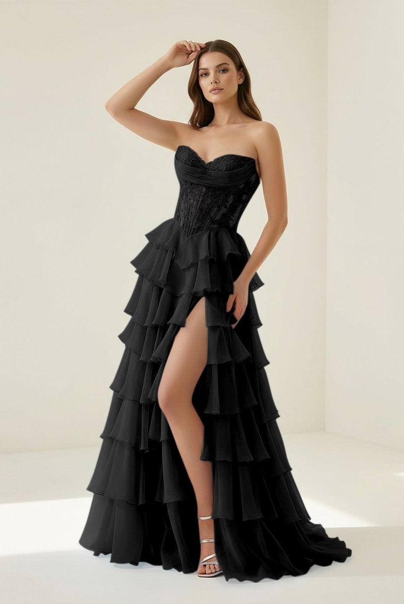 Roig | Black - Strapless A Line Chiffon Ruffled Prom Dresses With Appliques - KissProm