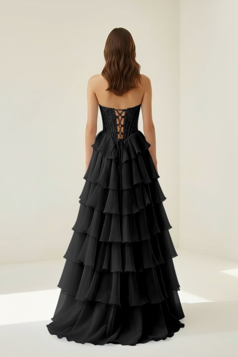 Roig | Black - Strapless A Line Chiffon Ruffled Prom Dresses With Appliques - KissProm