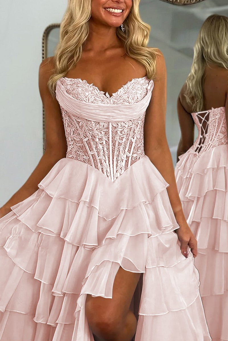 KissProm-Roig Pink Strapless A Line Chiffon Ruffled Prom Dresses With Appliques