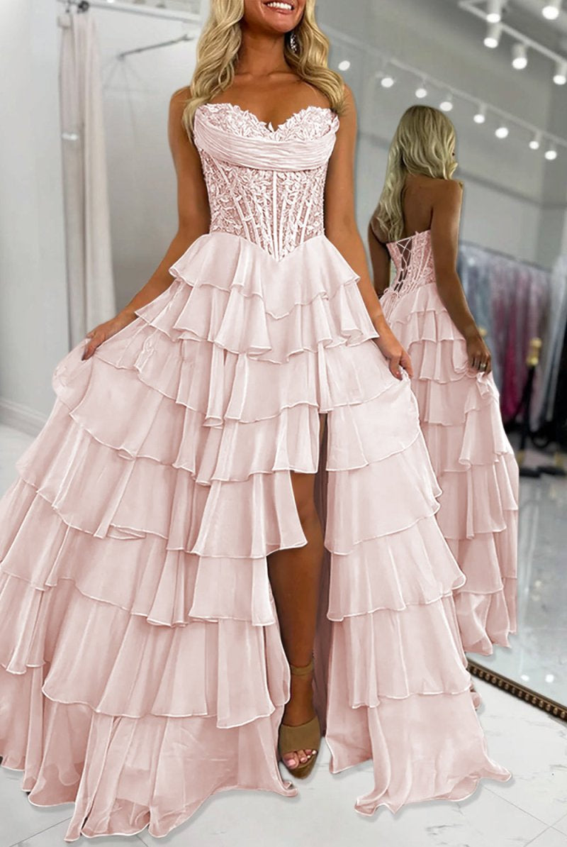 KissProm-Roig Pink Strapless A Line Chiffon Ruffled Prom Dresses With Appliques