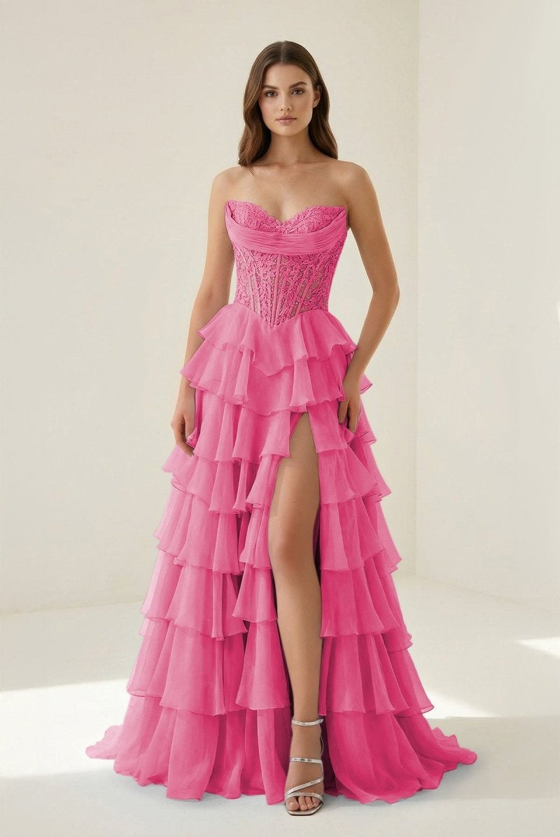 Roig | Hot Pink - Strapless A Line Chiffon Ruffled Prom Dresses With Appliques - KissProm