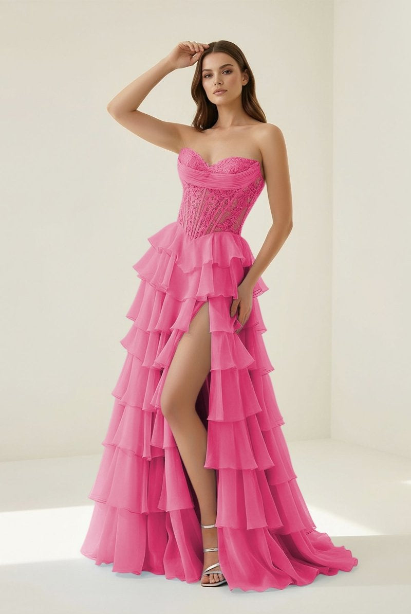Roig | Hot Pink - Strapless A Line Chiffon Ruffled Prom Dresses With Appliques - KissProm