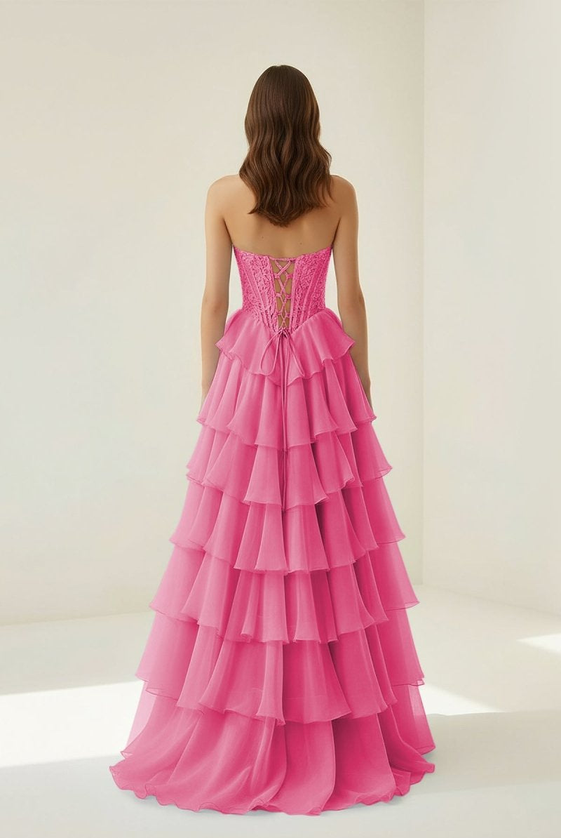 Roig | Hot Pink - Strapless A Line Chiffon Ruffled Prom Dresses With Appliques - KissProm