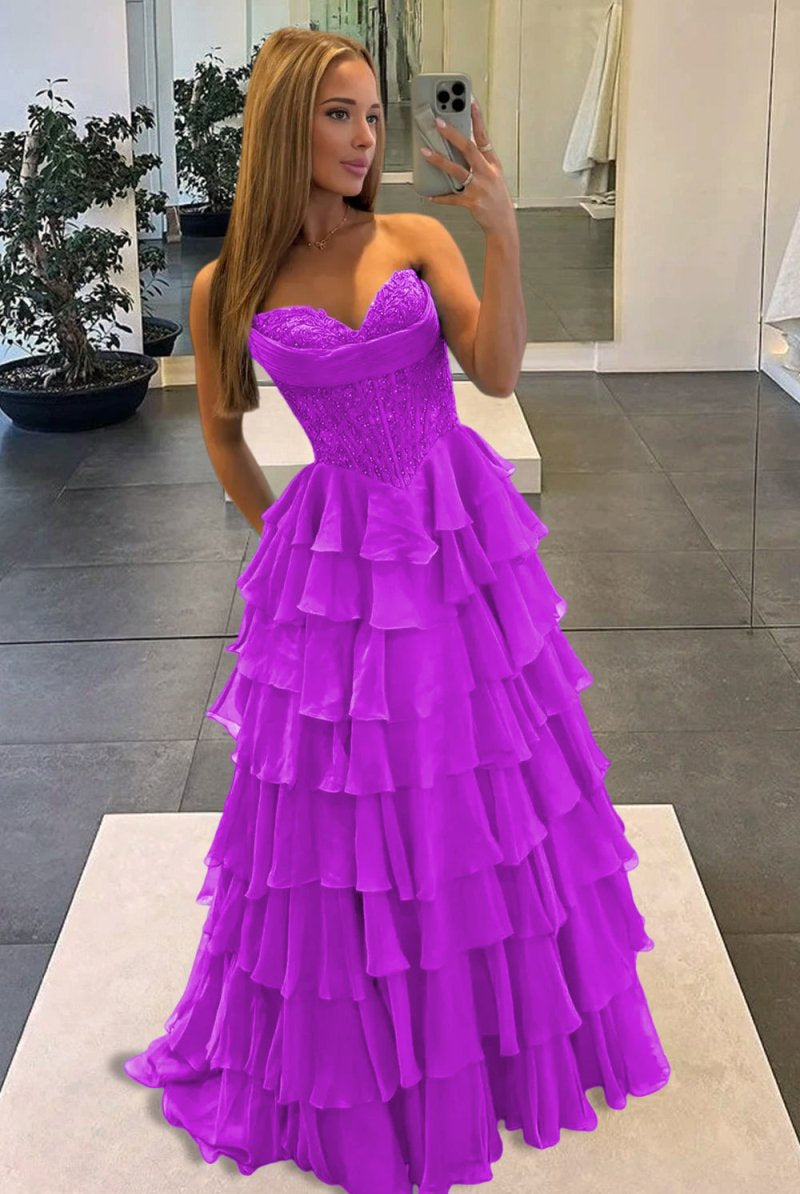 Roig | Magenta - Strapless A Line Chiffon Ruffled Prom Dresses With Appliques - KissProm