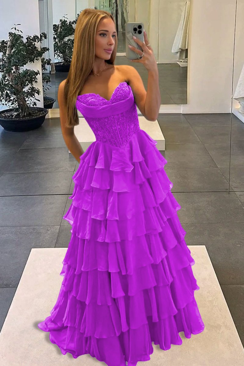Roig | Magenta - Strapless A Line Chiffon Ruffled Prom Dresses With Appliques - KissProm