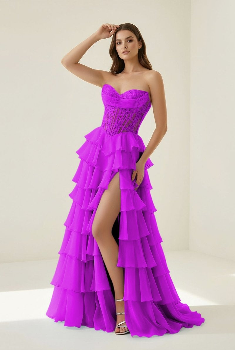 Roig | Magenta - Strapless A Line Chiffon Ruffled Prom Dresses With Appliques - KissProm